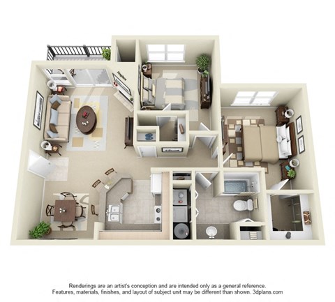 Floor plan for 2 beds, 1 bath, 938 sqft